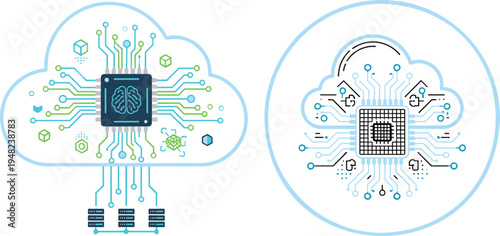 Cloud computing and artificial intelligence technology icon with CPU microchip and digital circuit connections for data storage network.