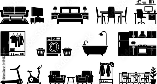 Penthouse Room Solid Icon Set. Luxury Living, Bedroom, Home Office, Walk-in Closet, Gym, Lounge. Real Estate & Interior Design.
