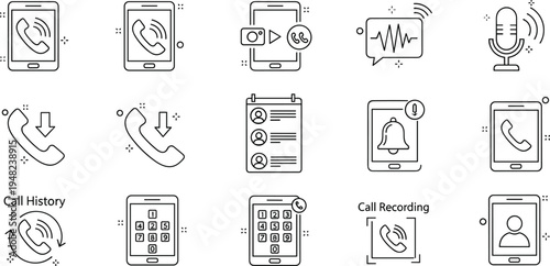 Phone call and mobile communication line icon set with call history recording voicemail microphone and smartphone illustration