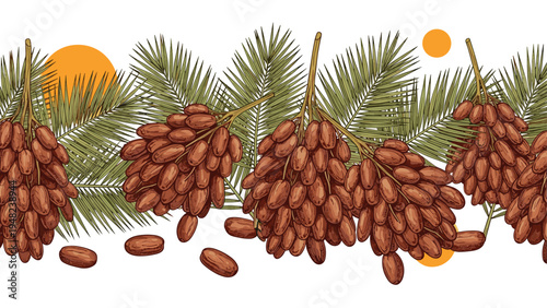 Large clusters of ripe brown dates hanging from palm branches in a detailed hand drawn botanical border illustration for holiday cards.