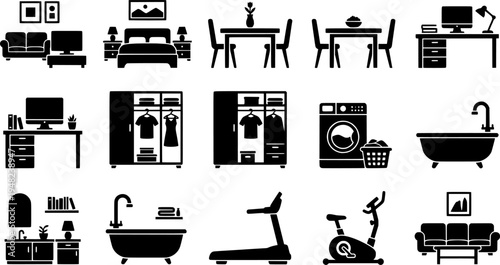 Penthouse Room Solid Icon Set. Luxury Living, Bedroom, Home Office, Walk-in Closet, Gym, Lounge. Real Estate & Interior Design.
