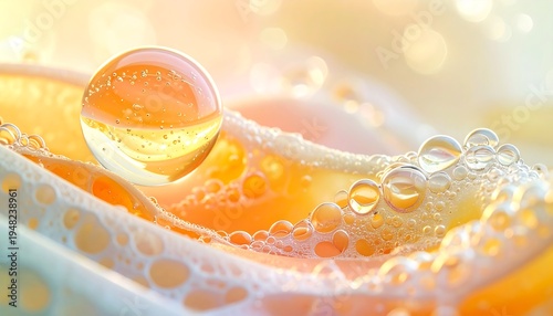 Luminous, macro close-up of orange liquid, bubbles, and a floating orb