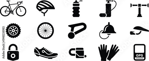 Set of cycling silhouette vector icons featuring bicycle, helmet, accessories, gear, pump, saddle, gloves, lock, GPS device