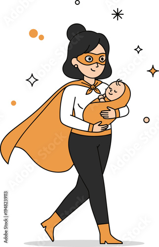 Woman superhero holding baby in office setting illustration