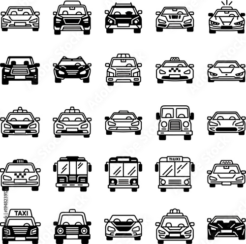 Diverse Collection of Car Icons Front View Featuring Sedans, Taxis, SUVs, and Buses, Isolated on White Background