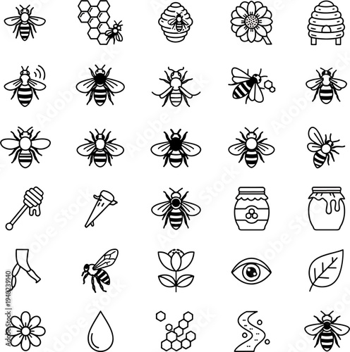 Diverse Collection of Bee and Honey Related Icons Featuring Hives Flowers Jars and Honeycomb Patterns