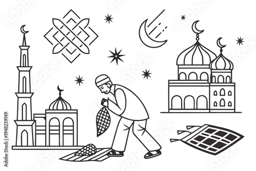 Muslim man praying at mosque during Ramadan with celestial elements and Islamic art