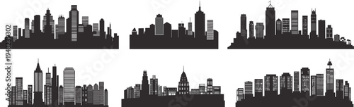 Modern city skyline silhouettes collection, detailed urban buildings panorama set for architecture backgrounds metropolitan black vector illustration bundle