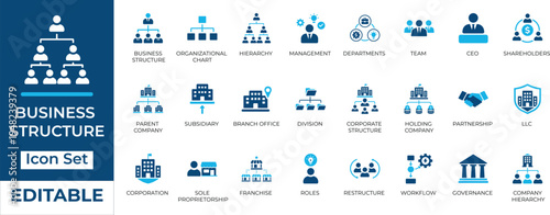 Editable business structure and organizational chart icon set. Flat vector illustration of corporate hierarchy, management, team roles, and governance in two-tone design.