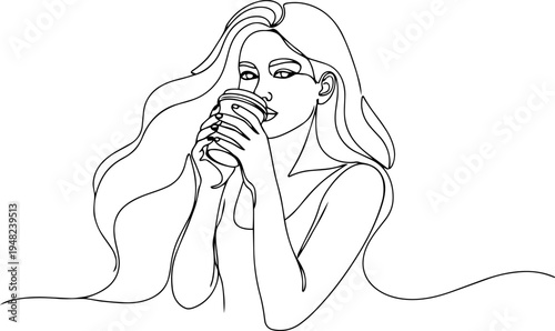 a girl enjoy her coffee  line art 