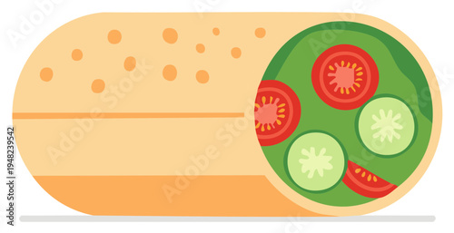 Cartoon burrito with fresh vegetables including tomato and cucumber filling