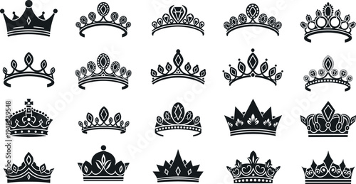 Royal crown and tiara silhouette icon collection luxury monarchy symbols king queen heraldic jewelry vector set