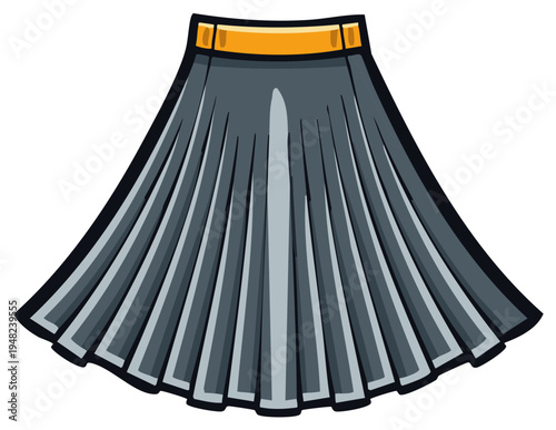 Elegant pleated skirt with a gold waistband. Fashionable apparel. A-line style, garment for women or girls for everyday wear in gray color.