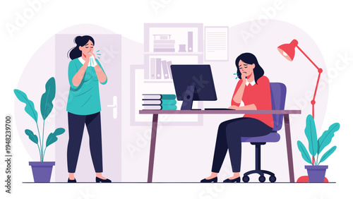 Two female coworkers feeling ill and coughing while working in a modern office environment with green plants and computer monitors.