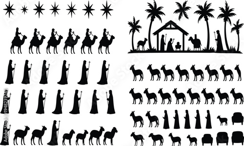 Nativity silhouette, Christmas scene, holy family, three wise men, camels, donkeys, palm trees, stable, religious art, vector illustration