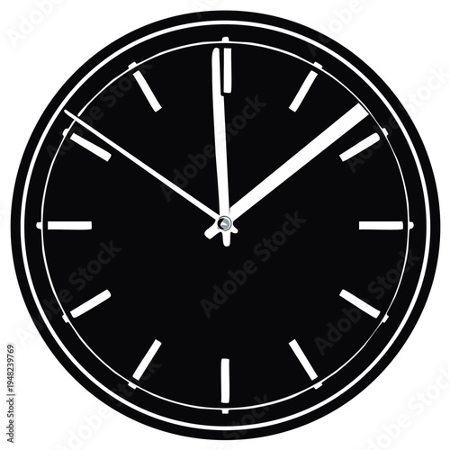 Modern black analog wall clock showing eleven fifty five time with white hands and markers