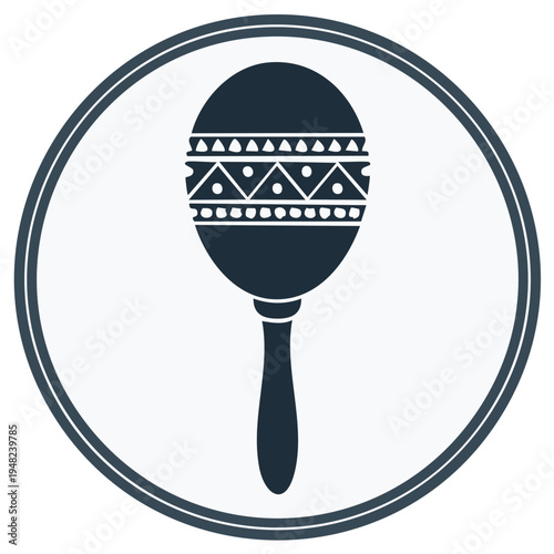 Stylized dark blue maraca musical instrument icon in a double circle outline