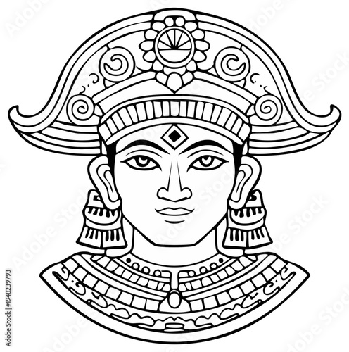 Stylized portrait of a person wearing a detailed ornate headdress and traditional collar clothing