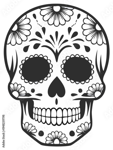 Intricate Black and White Sugar Skull Illustration with Floral Motifs and Decorative Patterns
