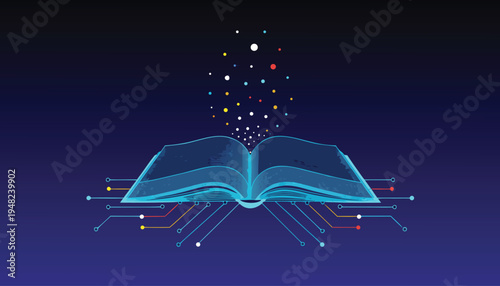 Open digital book emitting colorful particles and connected by electronic circuits on a dark blue background Keywords: book