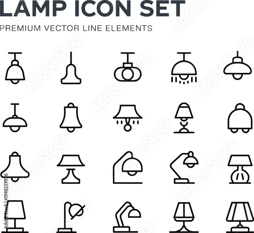 Lamp icon set, lighting line symbols, modern table and ceiling lamp icons, home interior light vector collection