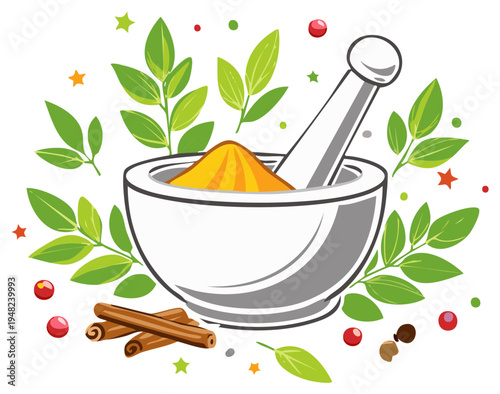 Herbal medicine illustration with mortar and pestle grinding turmeric, cinnamon, and fresh green leaves