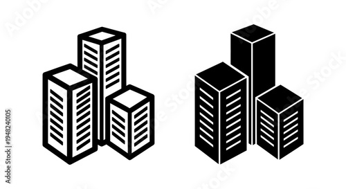 A black and white illustration of two sets of buildings with different designs
