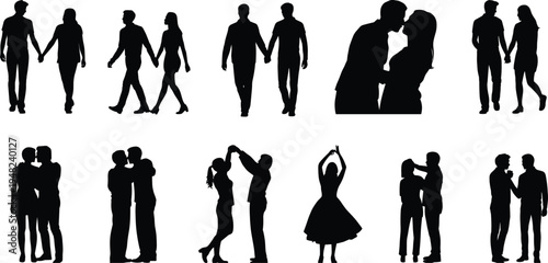 Romantic couple silhouette collection, love relationship poses vector illustration, kissing dancing partners isolated dating lifestyle people set