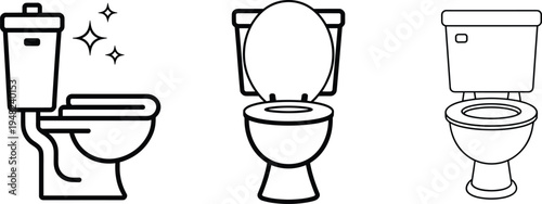 Vector illustration of toilet icons including clean sparkling design, raised seat view, and simplified line drawing for bathroom, plumbing, sanitation projects