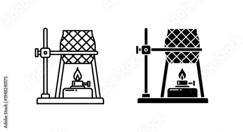 A black and white illustration of two identical industrial burners with a diamond-patterned cylinder on top, one in color and one in line art style, against a plain background.