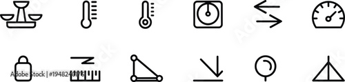 Measurement and gauge icon set, scale temperature speed symbols, metric tool outline vector collection, measurement indicator icons