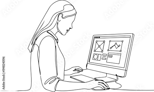 girl with laptop computer  line art 
