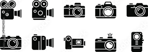 Collection of diverse video recording and surveillance camera icons video, editing, icon, camera, camcorder, surveillance, security, film, reel, recording, 