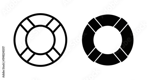 A simple black and white illustration of two circular icons with geometric patterns