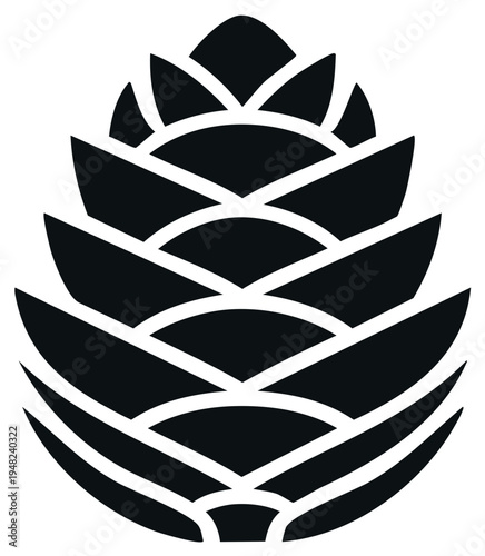 Stylized black pine cone graphic symbol with layered scales and geometric design