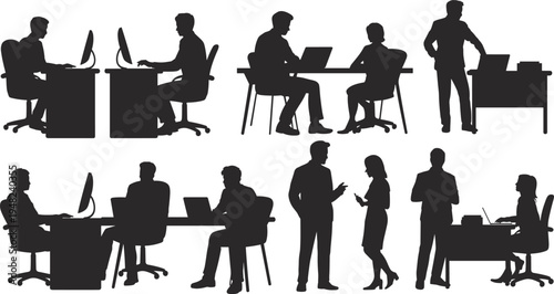 Set of business people silhouettes working in office teamwork meeting computer workplace professional activity isolated on white background illustration