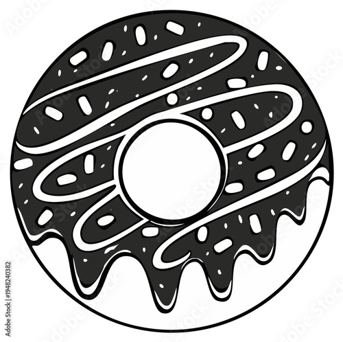 Stylized black and white illustration of a chocolate-glazed donut with white icing drizzle and sprinkles