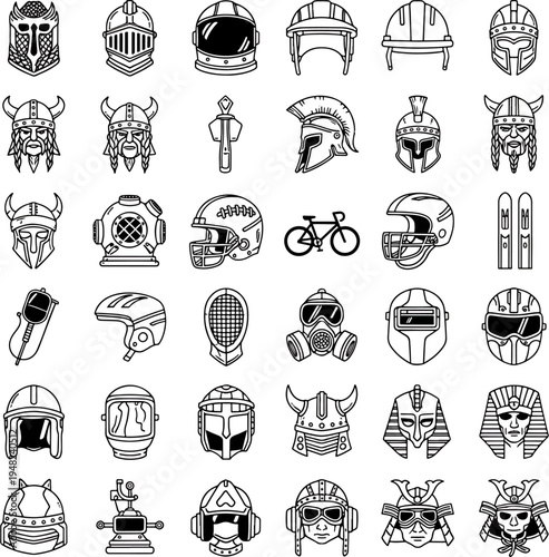 Collection of diverse helmets and head protection gear including viking, knight, astronaut, diving, and sports helmets icons