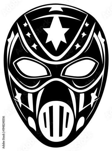 Decorative Black and White Mask Design with Stars and Tribal Style Markings