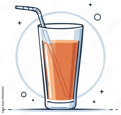 Fresh juice in a tall glass with a straw, illustration