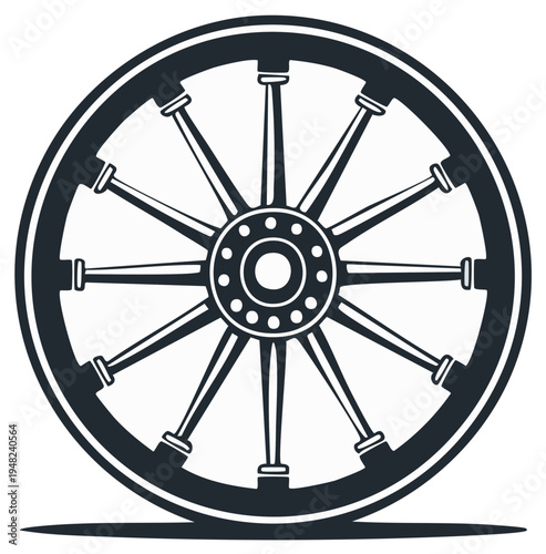 Vintage wooden wagon wheel vector illustration. Antique carriage wheel with spokes and rim in dark color.