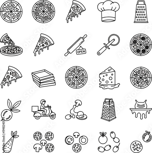 Collection of Delicious Pizza Slices, Whole Pizzas, and Ingredients for Pizzeria and Food Service