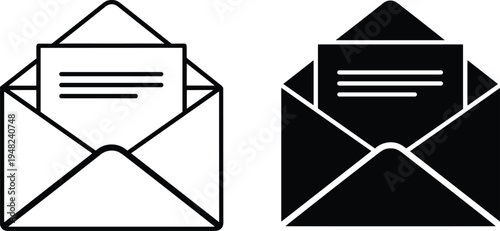 open mail outlined and solid black fill  email, envelope, icons, set, message, communication, contact