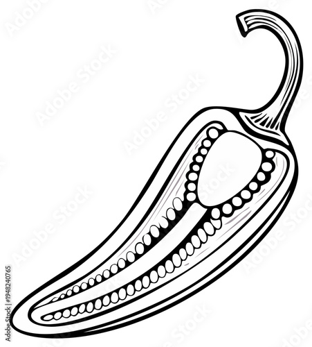Detailed Black and White Line Drawing of a Jalapeno Pepper Cut in Half Showing Seeds