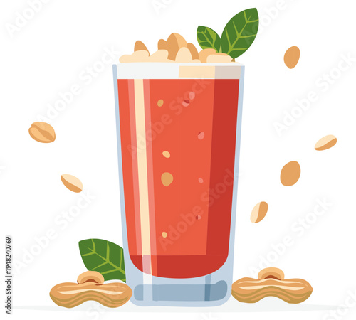 Fresh peanut smoothie with mint leaves and scattered peanuts