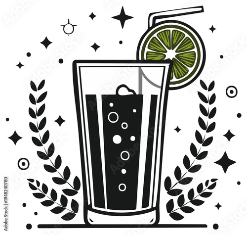 Refreshing Lime Soda Drink With Bubbles and Laurel Wreath Decoration on White Background