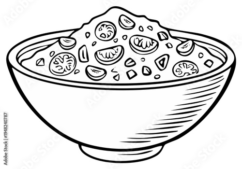 Bowl of dip or salad with tomatoes black and white line art illustration