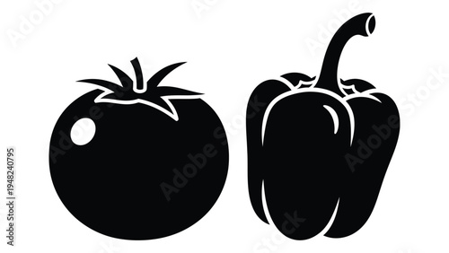 A simple yet iconic representation of tomato and bell pepper vegetables in black and white silhouette style