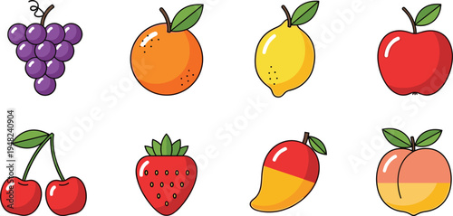 Set of colorful fruit icons including grape apple strawberry and mango