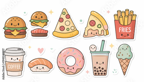 Cute Fast Food Icon Set Collection with Kawaii Characters